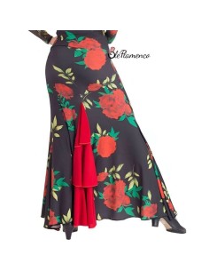 Falda de baile flamenco estampada con rosas y detalle de tres volantes rojos en la parte posterior 2