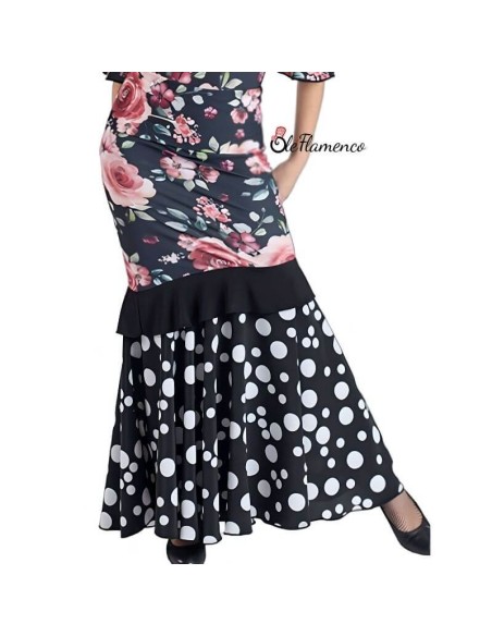 Falda de baile flamenco con estampado de flores, volante liso y bajo de capa con lunares