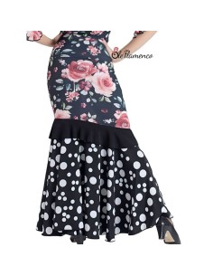 Falda de baile flamenco con volante y estampado de flores, volante liso y bajo de capa con lunares