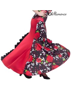Falda de baile flamenco roja y negra con detalle de godet y volante en la espalda