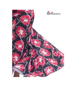 Falda de baile flamenco de flores rojas fondo negro con talle alto y tres godets de vuelo