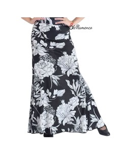 Falda de baile flamenco en licra estampada con flores blanco y negro y cintura alta.