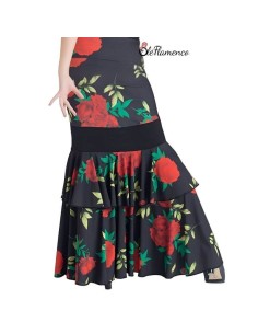 Falda de baile flamenco con volante grande de capa y franja negra combinada con estampado de flores. 2