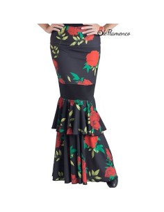 Falda de baile flamenco con volante grande de capa y franja negra combinada con estampado de flores.