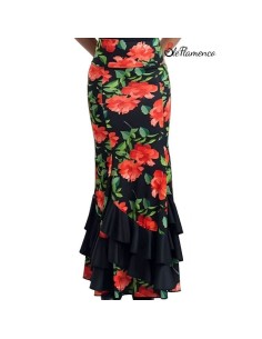 Falda de baile flamenco de 4 palas con doble volante en diagonal y estampado de flores de Olé Flamenco. 2