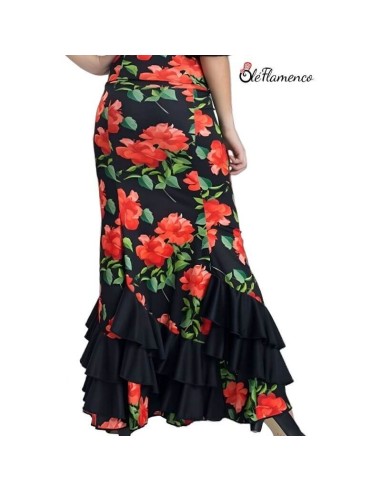 Falda de baile flamenco de 4 palas con doble volante en diagonal y estampado de flores de Olé Flamenco.