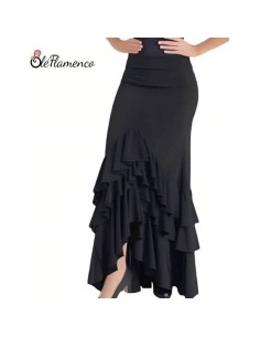 Falda de baile flamenco en punto de licra negra con 3 volantes en pico de Olé Flamenco.