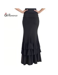 Falda de baile flamenco en punto de licra negra con 3 volantes en pico de Olé Flamenco. 2