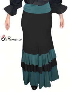 Falda de baile flamenco en punto de licra verde y negro con diseño de tres volantes en pico de Olé Flamenco. 2