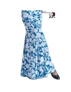 Falda de baile flamenco en punto de licra azul estampada con flores y cachemir de Olé Flamenco.