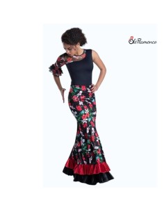 Maillot flamenco asimétrico con manga de microtul floral y falda de baile con volantes.