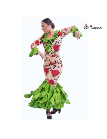 Conjunto de baile flamenco con cuerpo de chorrera y falda de volantes con hilo a contraste.