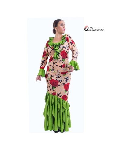 Falda flamenca con gran vuelo y acabado de volantes en hilo de color a contraste.