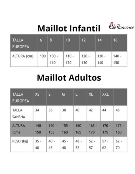 Tabla de medidas corporales para maillots de microfibra